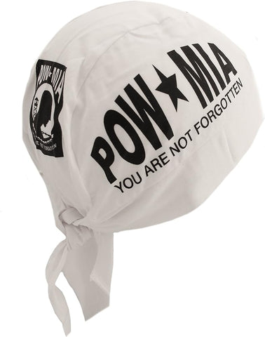 POW MIA Bandana Dorag Cap Prisoner of War Missing in Action You are Not Forgotten White and Black Do Rag with Sweatband Bikers Hat Cycling Beanie Made in America